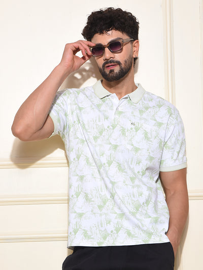 Green Floral Print Polo Neck 100% Cotton T-Shirt
