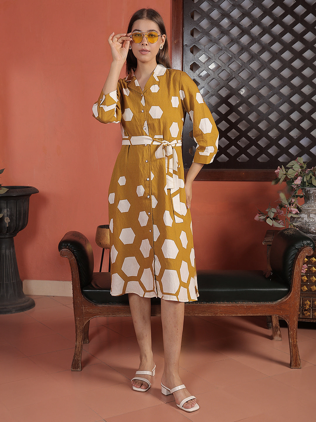 Mustard Geometric Print Midi Length Shirt Dress With Belt