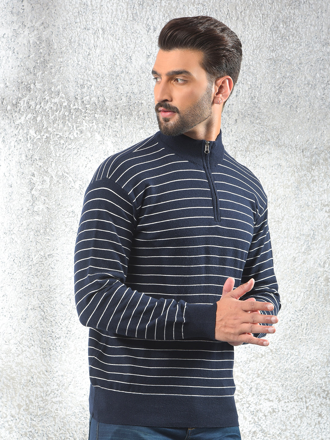 Navy Blue Vertical Stripes Knitted Sweater