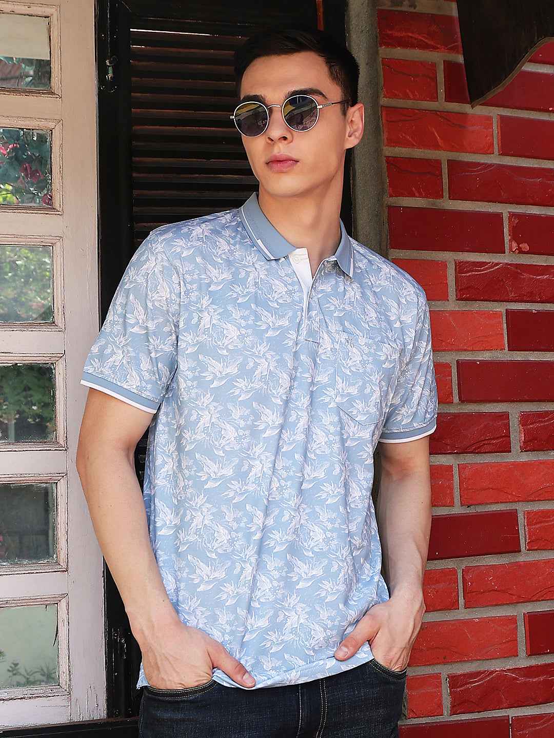 Blue Floral Print Polo Neck T-Shirt
