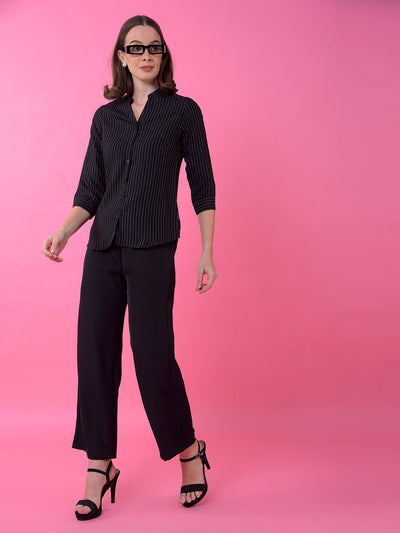 Black Vertical Stripes V-Neck Shirt