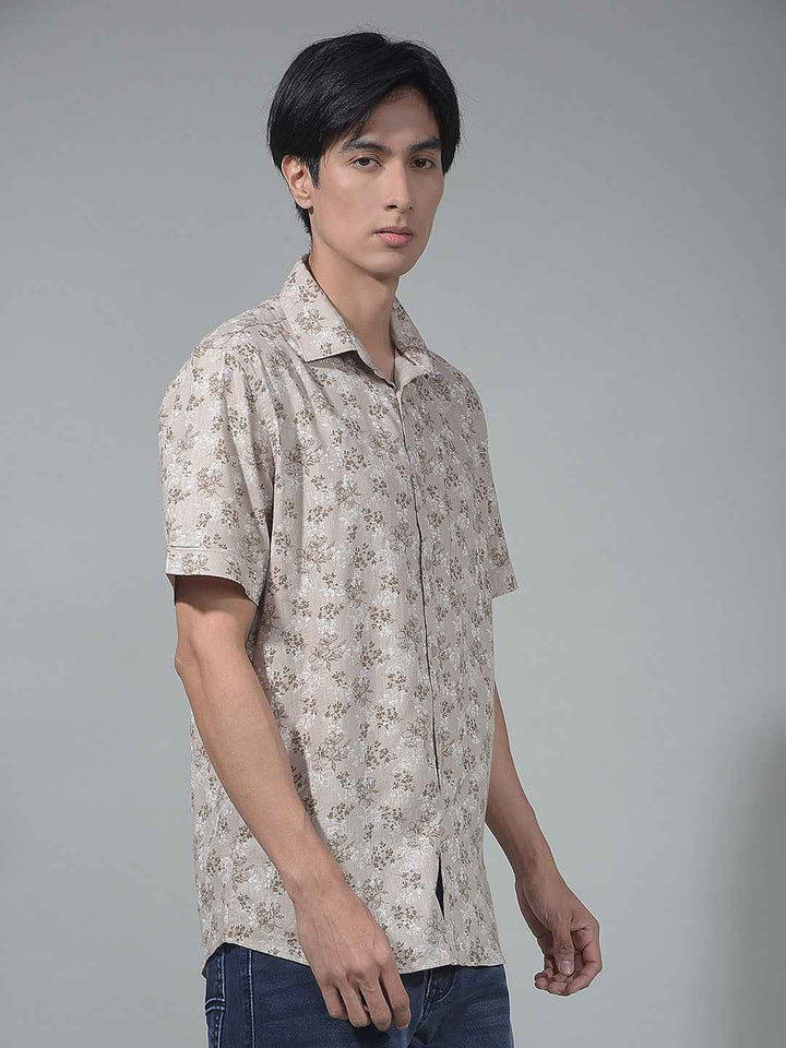 Beige Floral Print Linen Shirt