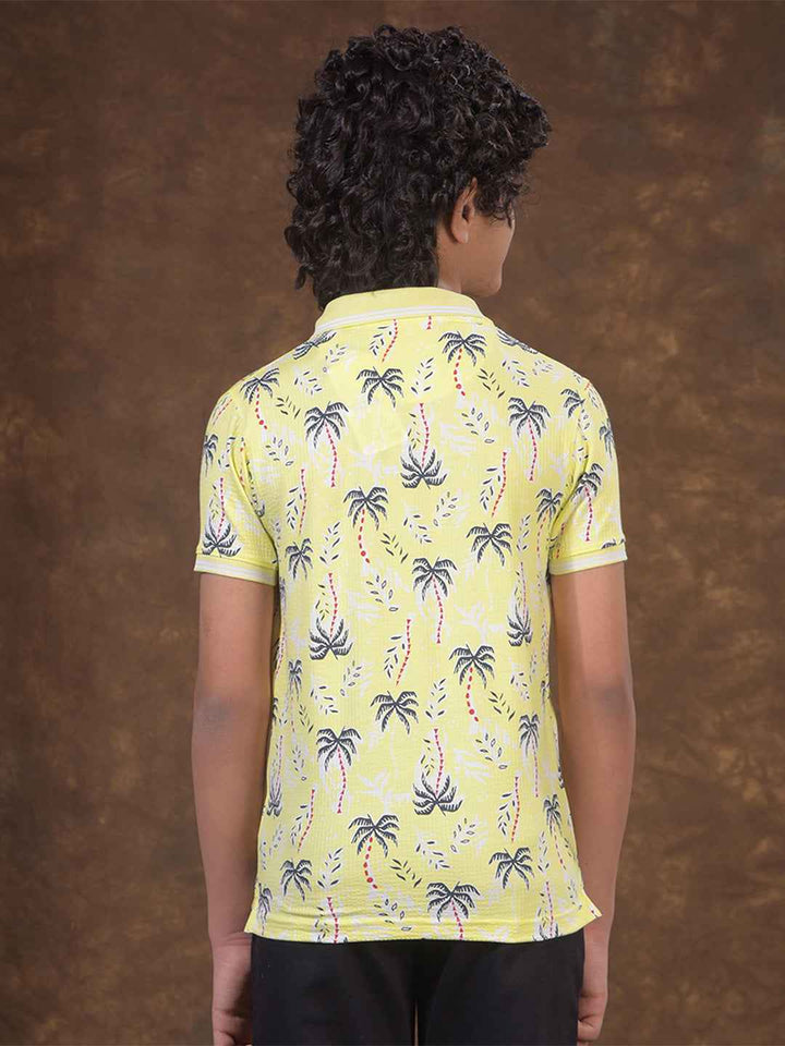 Yellow Floral Print Polo Neck T-Shirt