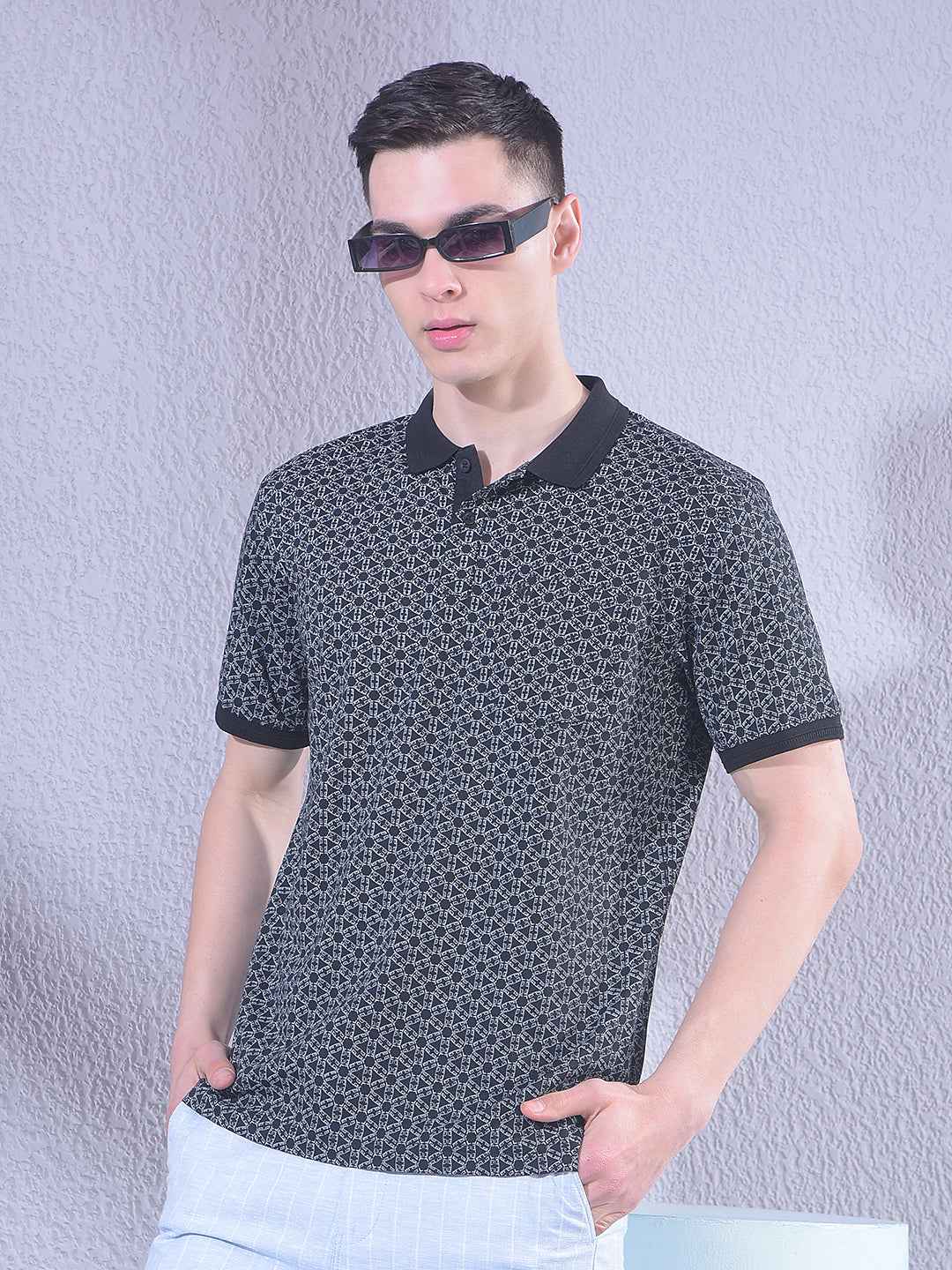 Black Printed Polo Neck T-Shirt