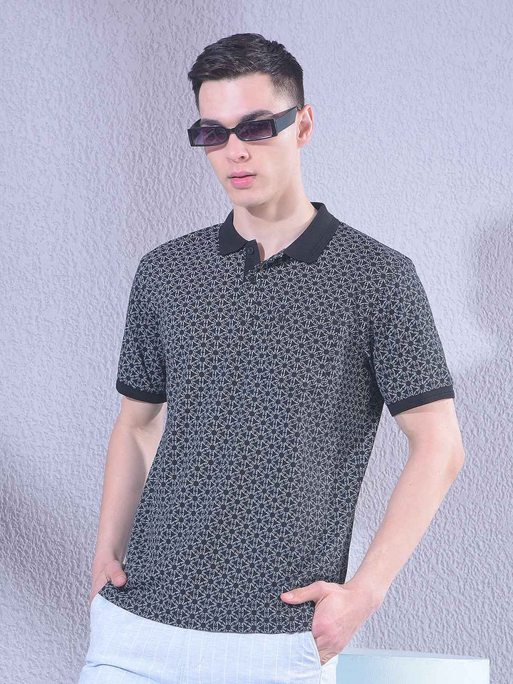Black Printed Polo Neck T-Shirt