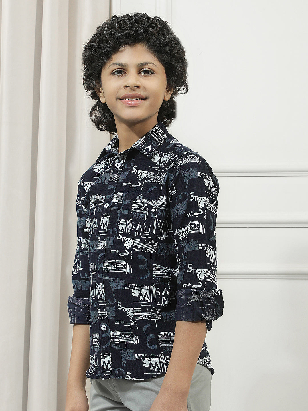 Navy Blue 100% Cotton Graphic Print Corduroy Shirt