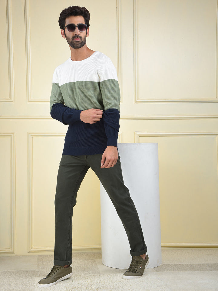 Multi-Color Color-Block 100% Cotton Knitted Sweater