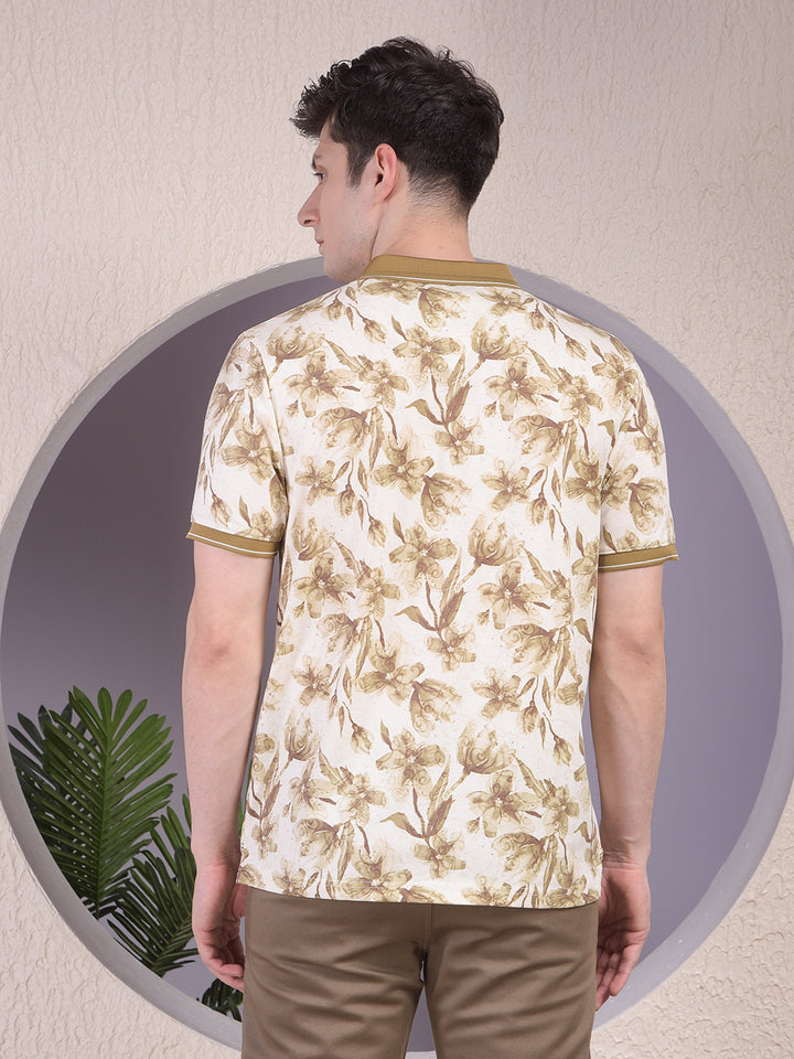 Green Floral Print Polo-Neck T-Shirt