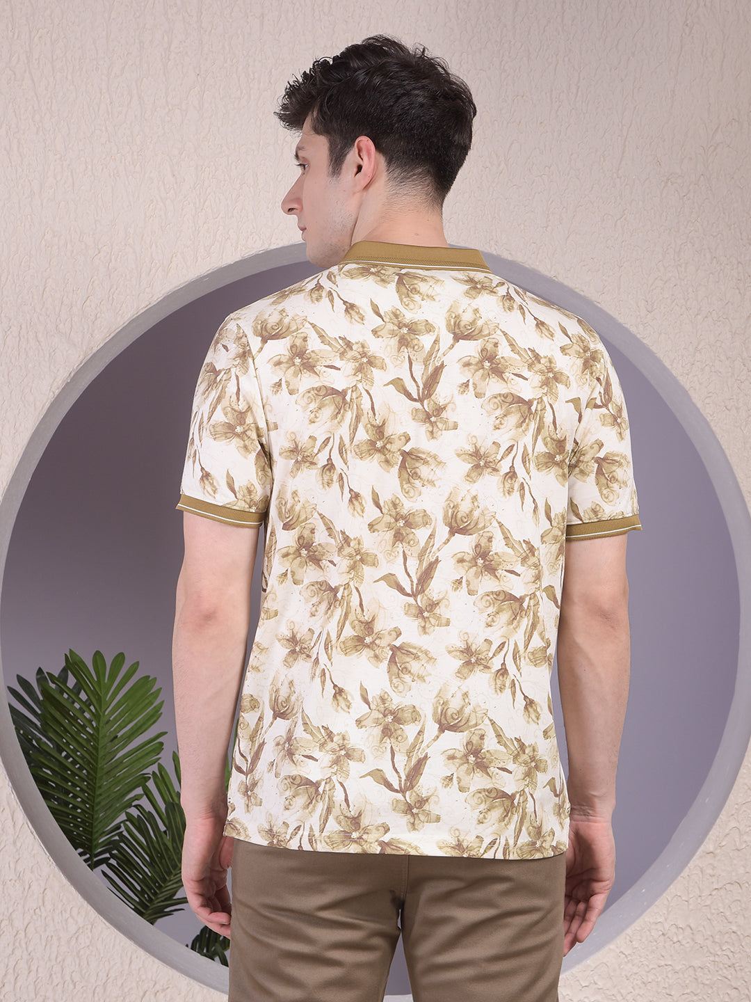 Green Floral Print Polo-Neck T-Shirt