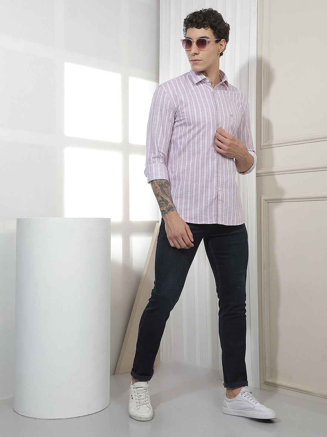 Purple Vertical Striped 100% Cotton Shirt