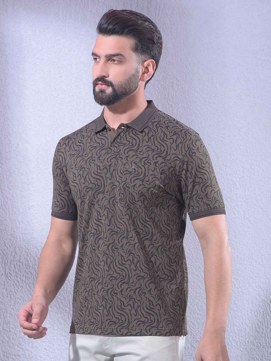 Brown Abstract Print Polo Neck T-Shirt