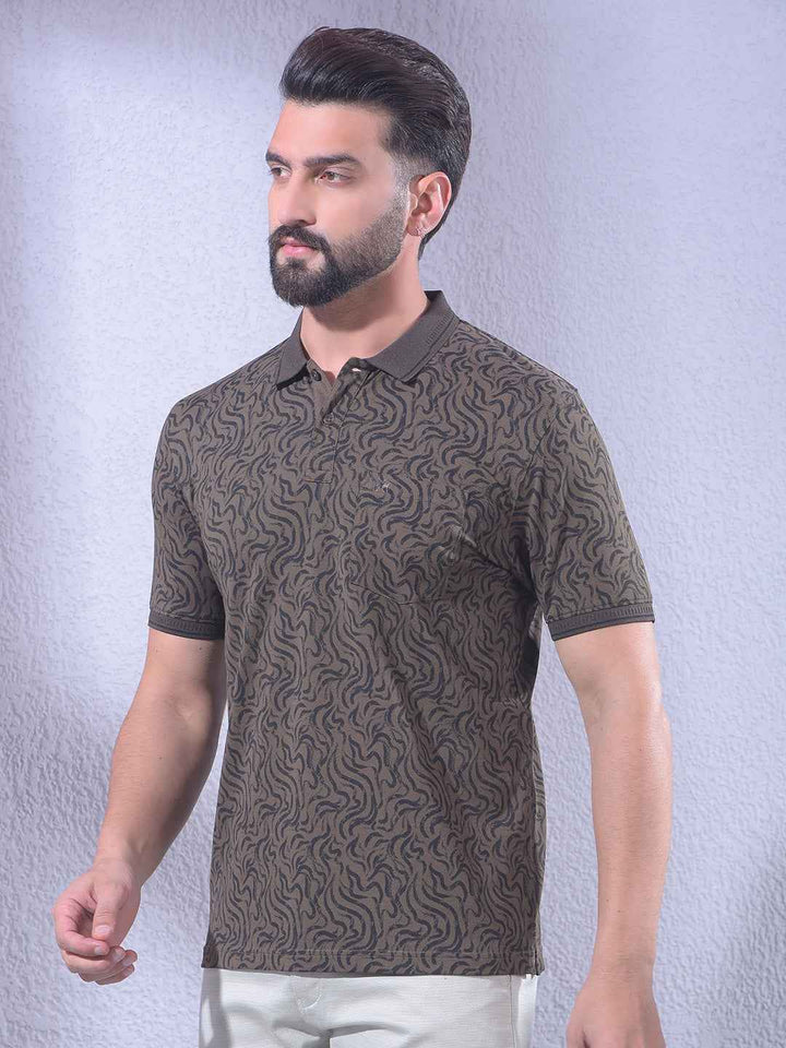 Brown Abstract Print Polo Neck T-Shirt