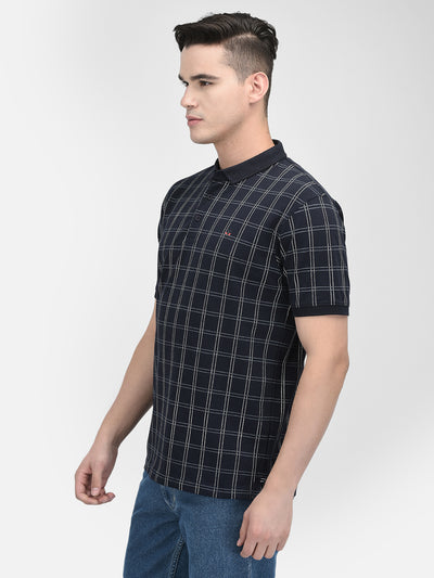 Navy Blue Checked Polo Neck T-Shirt
