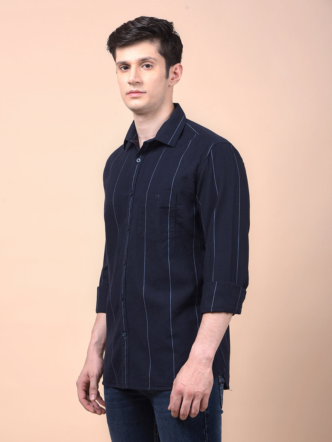 Navy Blue Vertical Stripes 100% Cotton Shirt