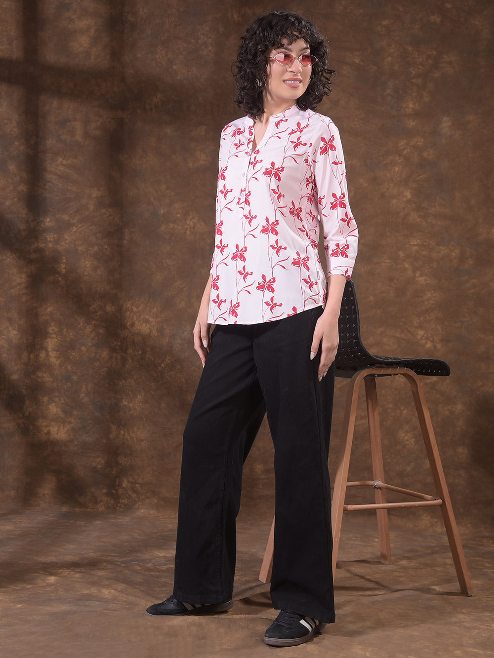 Red Modal Floral Print V-Neck Top