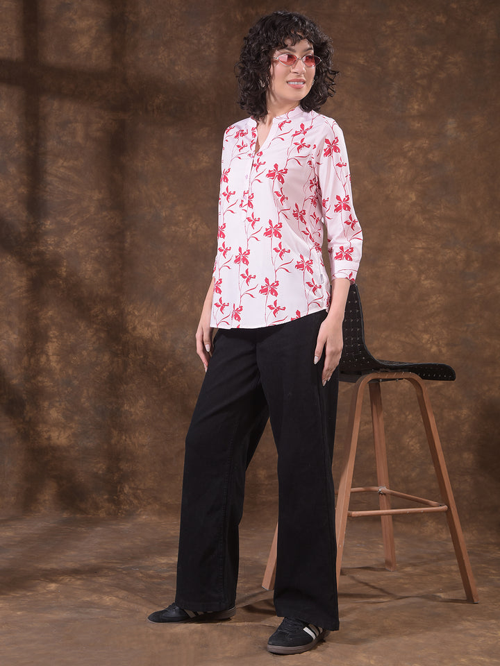 Red Modal Floral Print V-Neck Top