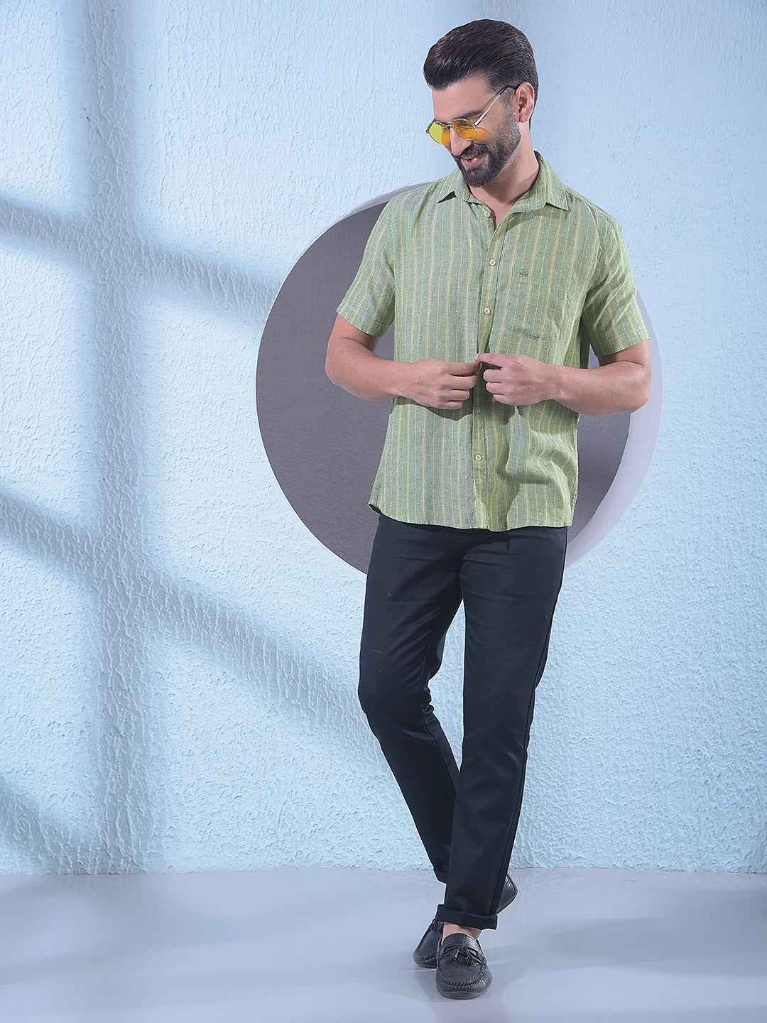 Green Vertical Striped Linen Shirt