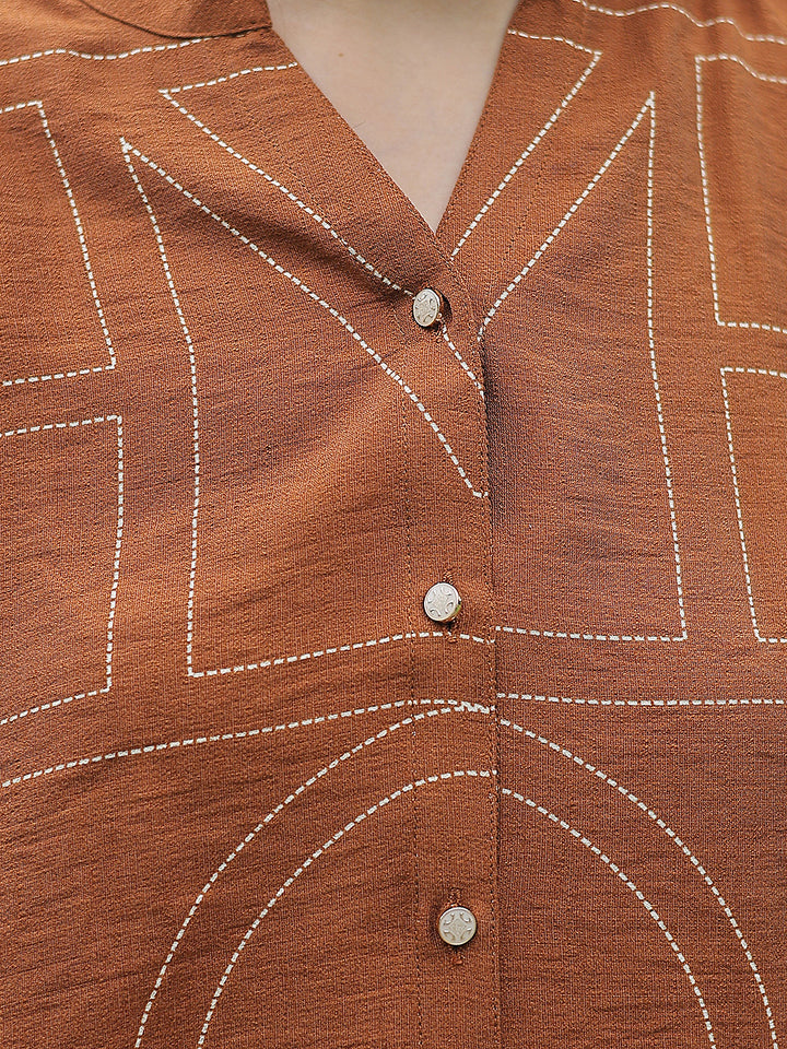 Brown Graphic Print V-Neck Shirt