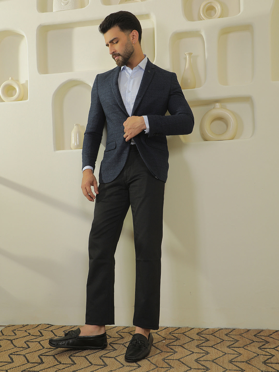 Blue Checked Notch Lapel Blazer