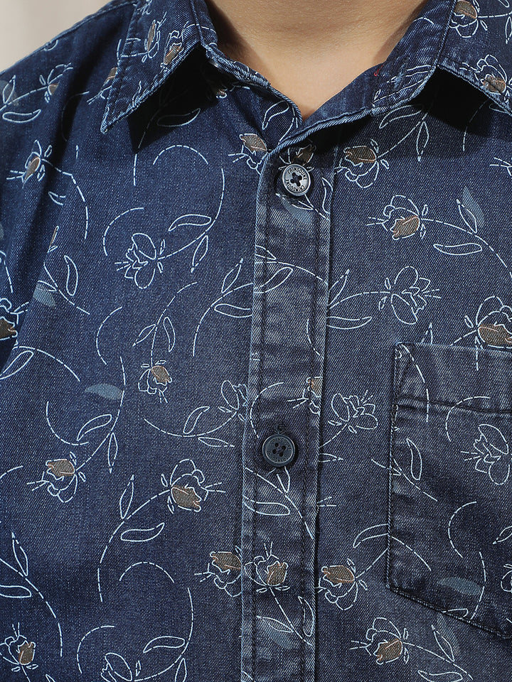 Navy Blue 100% Cotton Floral Print Shirt
