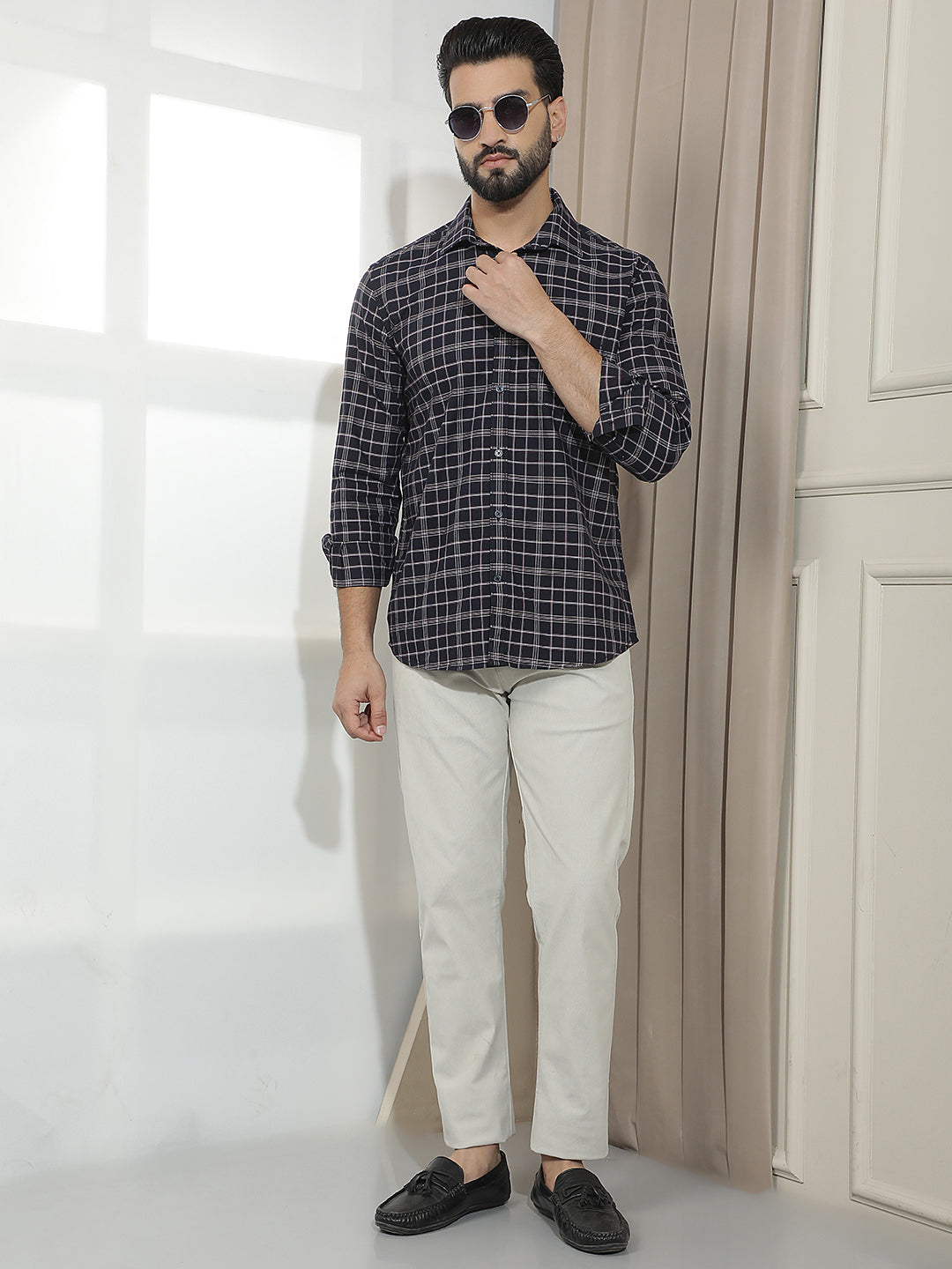 100% Cotton Navy Blue Checked Shirt