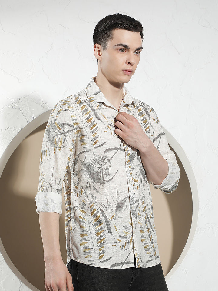 Grey Botanical Print Linen Shirt