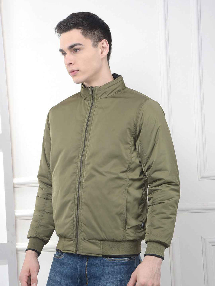 Olive High Neck Reversible Bomber Jacket