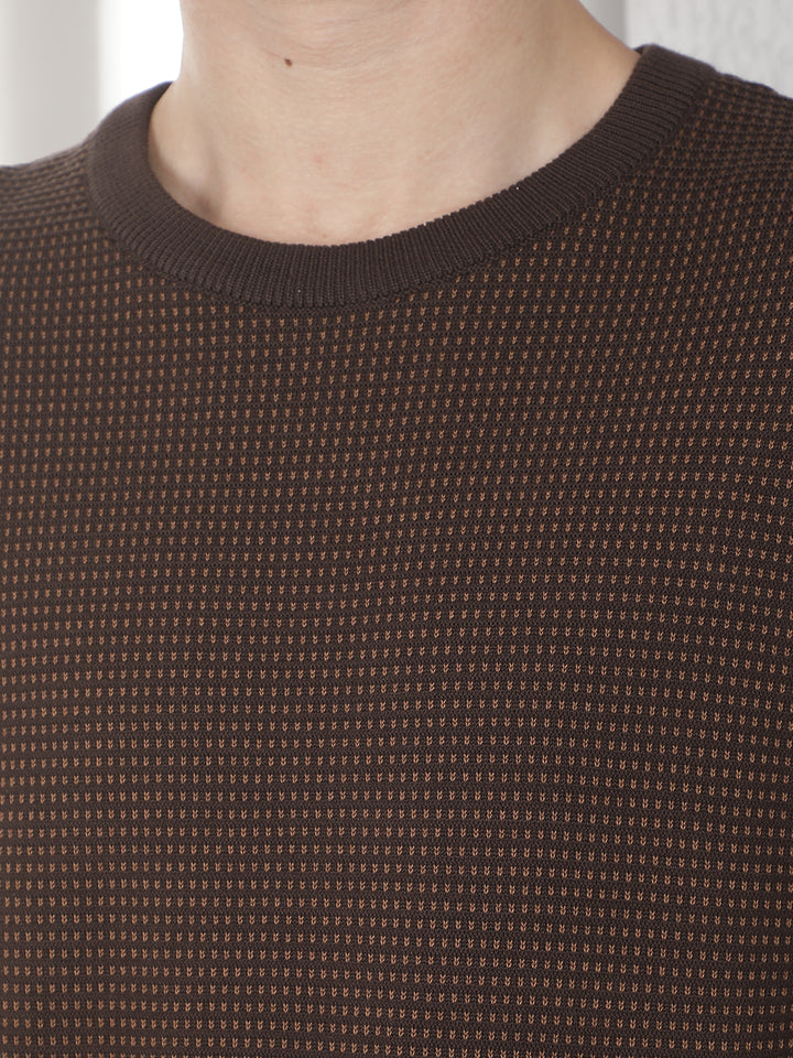 Brown 100% Cotton Textured Round Neck Sweater