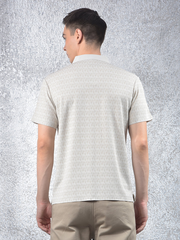 Beige Printed Polo Neck T-Shirt