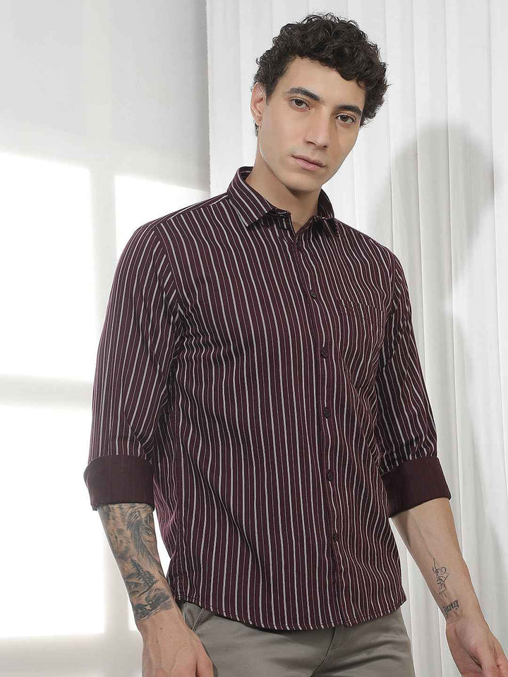 Wine Vertical Striped Shirt