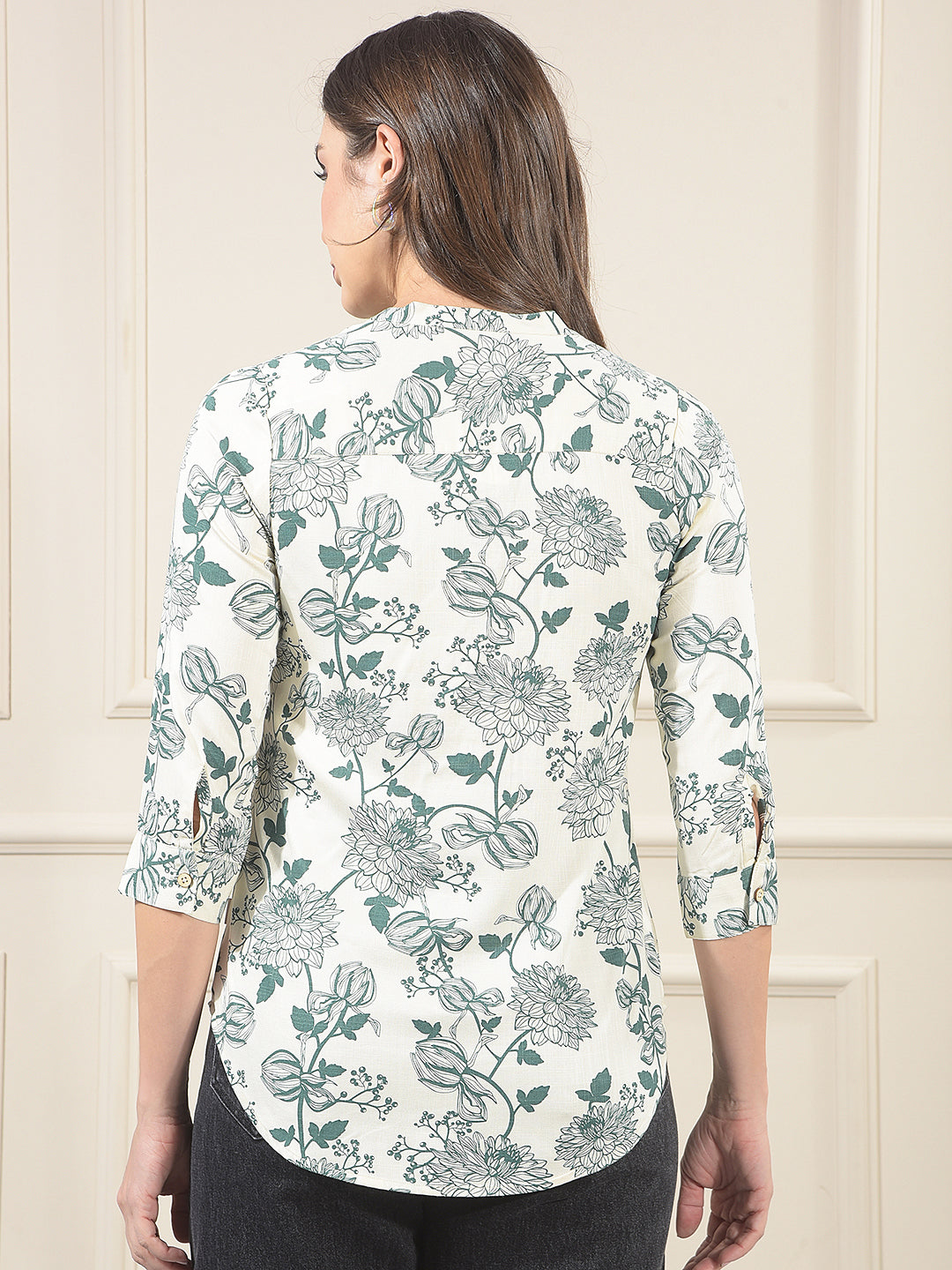 Green Floral Printed V-Neck Top