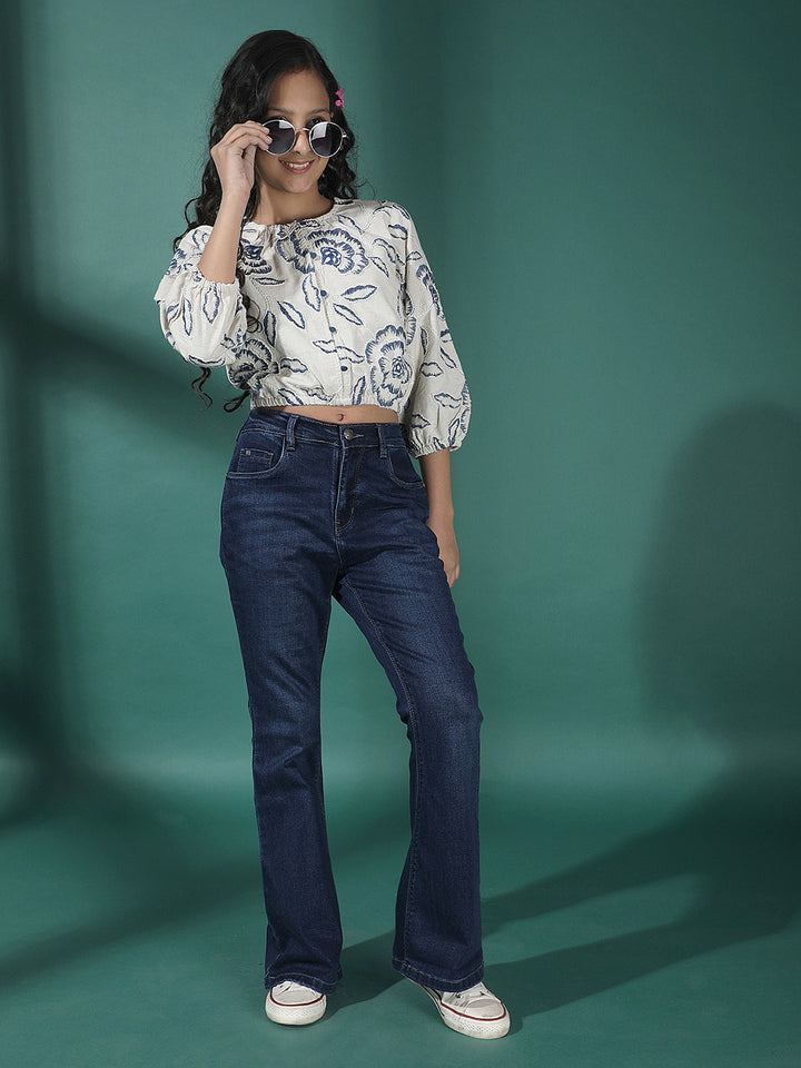 Blue Embroidered Linen Crop-Top-Girls Tops-Crimsoune Club