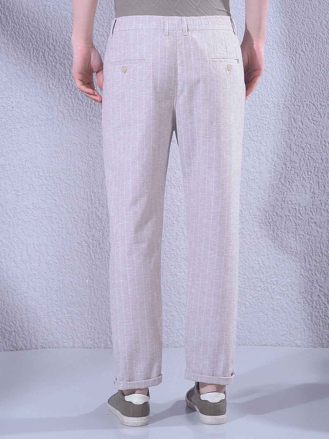 Khaki Vertical Striped Travel Fit Trousers