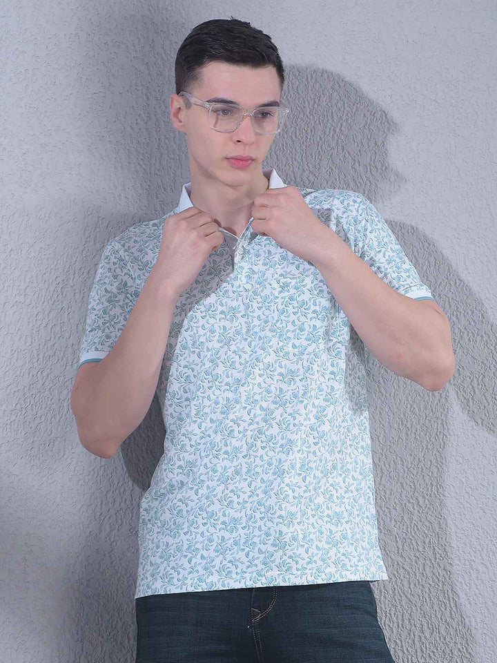 Green Floral Print Polo Neck T-Shirt
