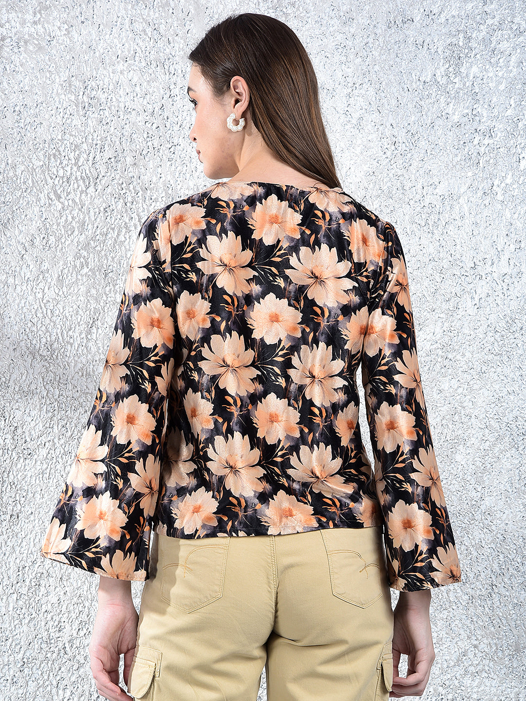 Peach Floral Print V-Neck Top
