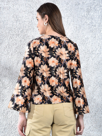 Peach Floral Print V-Neck Top