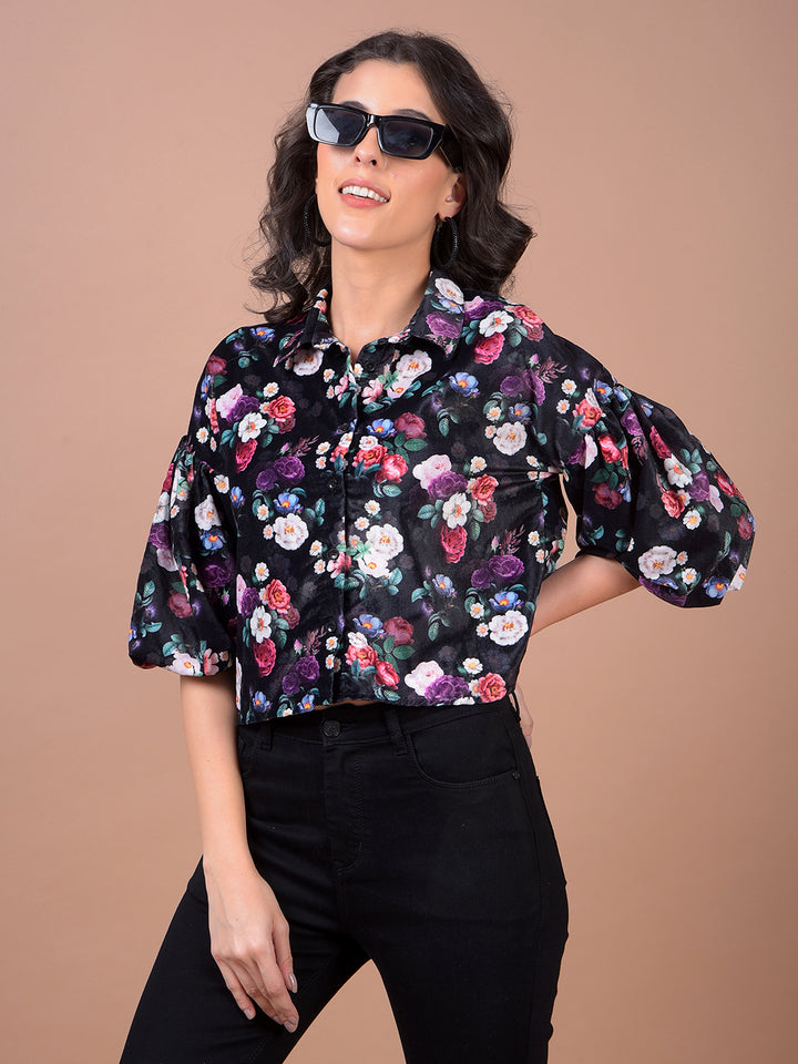 Multi-Color Floral Print Cropped Shirt