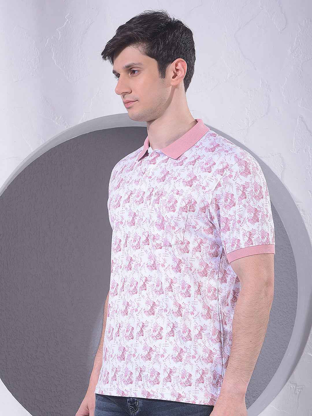 Pink 100% Cotton Geometric Print Polo T-Shirt