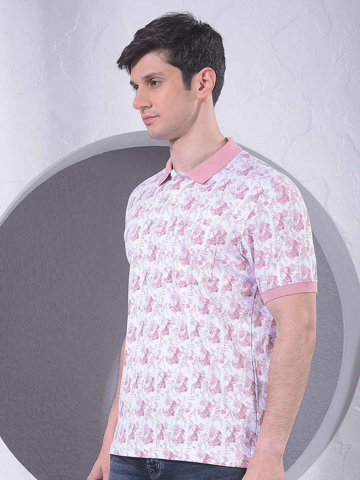 Pink 100% Cotton Geometric Print Polo T-Shirt