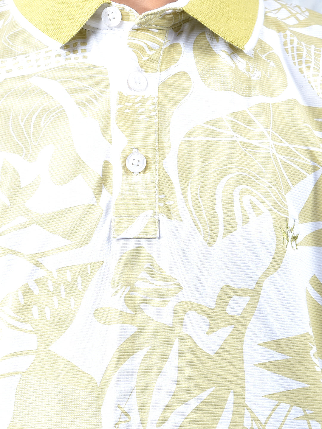 Yellow Floral Print Polo Neck Knitted T-Shirt