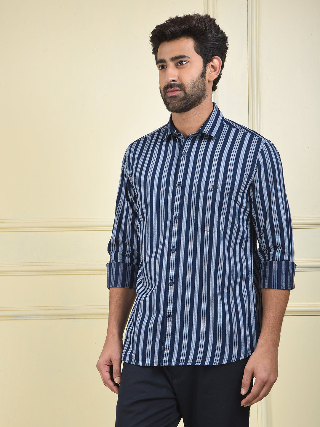 Navy Blue Vertical Stripes 100% Cotton Shirt