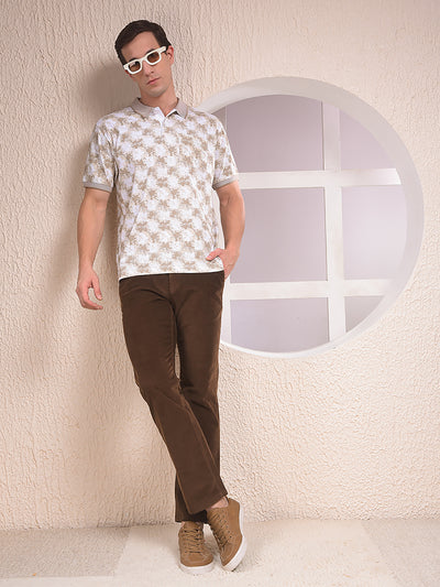 Beige Floral Print Polo Neck 100% Cotton T-Shirt