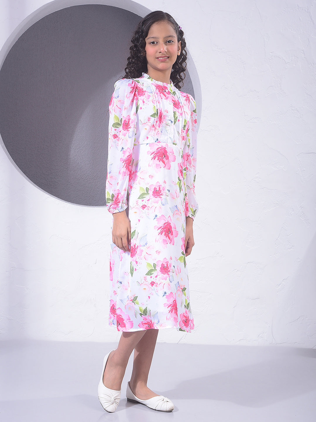 Pink Floral Print Midi A-Line Dress