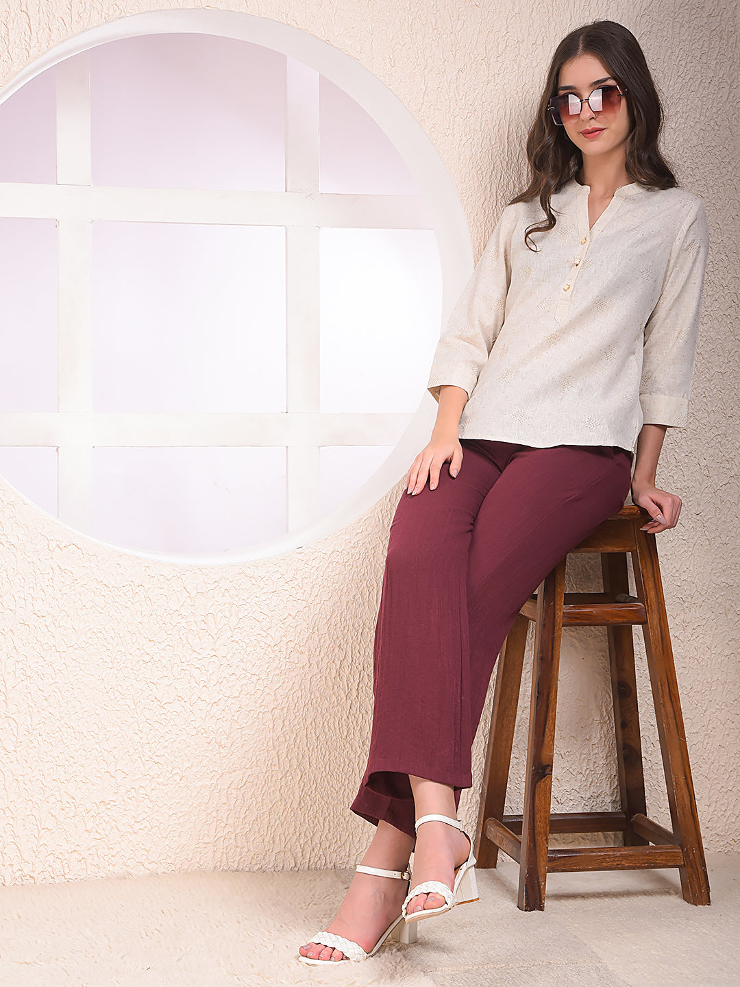 Beige Embellished V-Neck Top