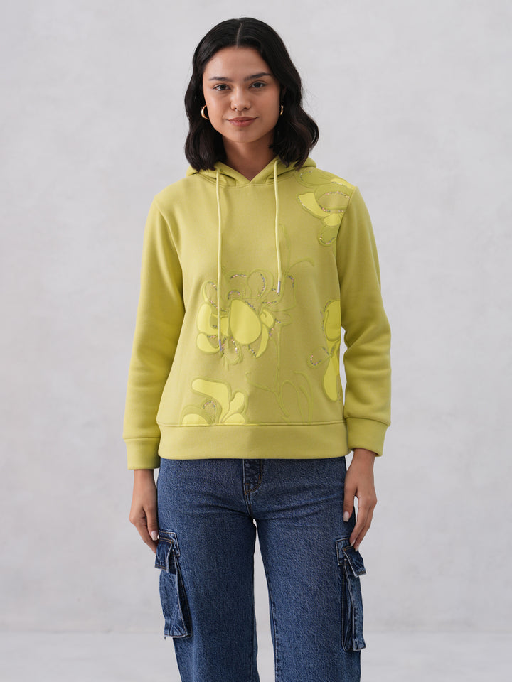 Green Embellished Hooded Neck Sweatshirt