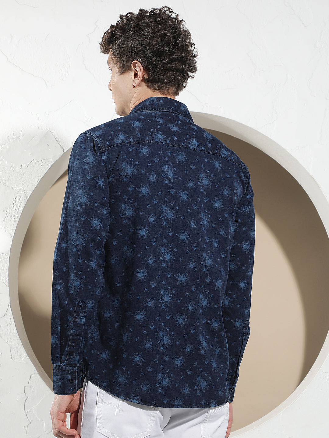 Navy Blue Floral Print 100% Cotton Denim Shirt