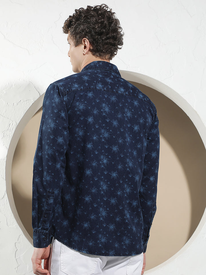 Navy Blue Floral Print 100% Cotton Denim Shirt