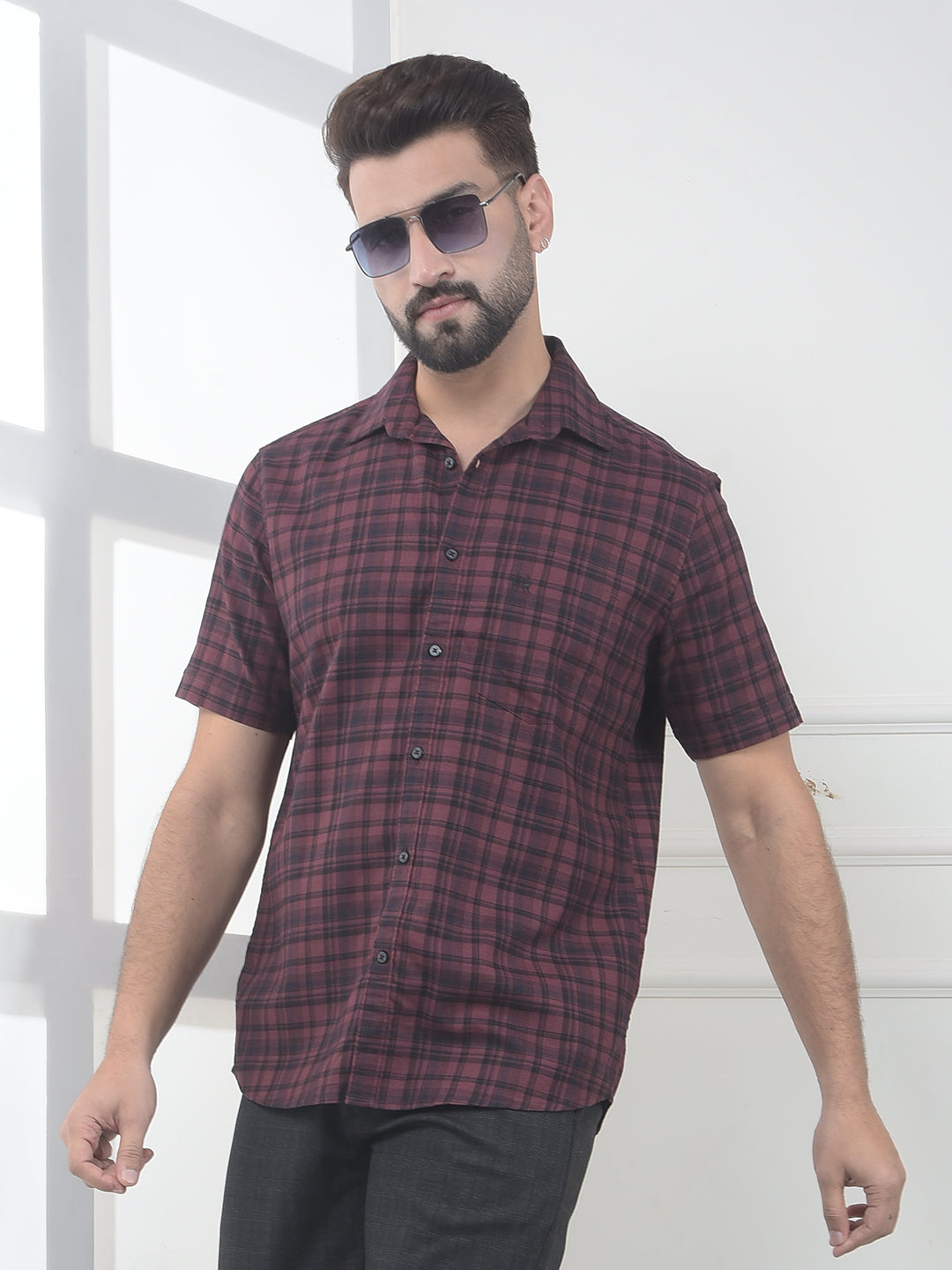 Taupe Maroon Checked 100% Cotton Shirt