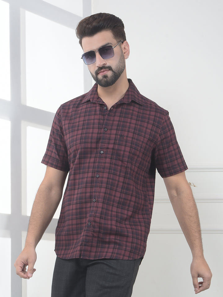 Taupe Maroon Checked 100% Cotton Shirt
