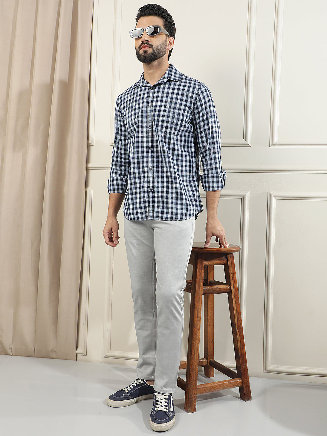 Navy Blue Checked 100% Cotton Shirt